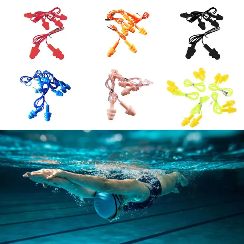 

5 Pairs Soft Silicone Cord Swimming Ear Plugs Comfortable Waterproof Noise Cancelling Reusable Hearing Protection Earbuds Use
