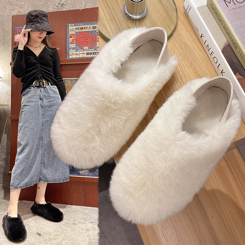 

Women Winter Fur Slippers Solid Warm Furry Mules Cold Resistence Cotton Shoes Female Cozy Closed Toe Shearling Slides Pantuflas