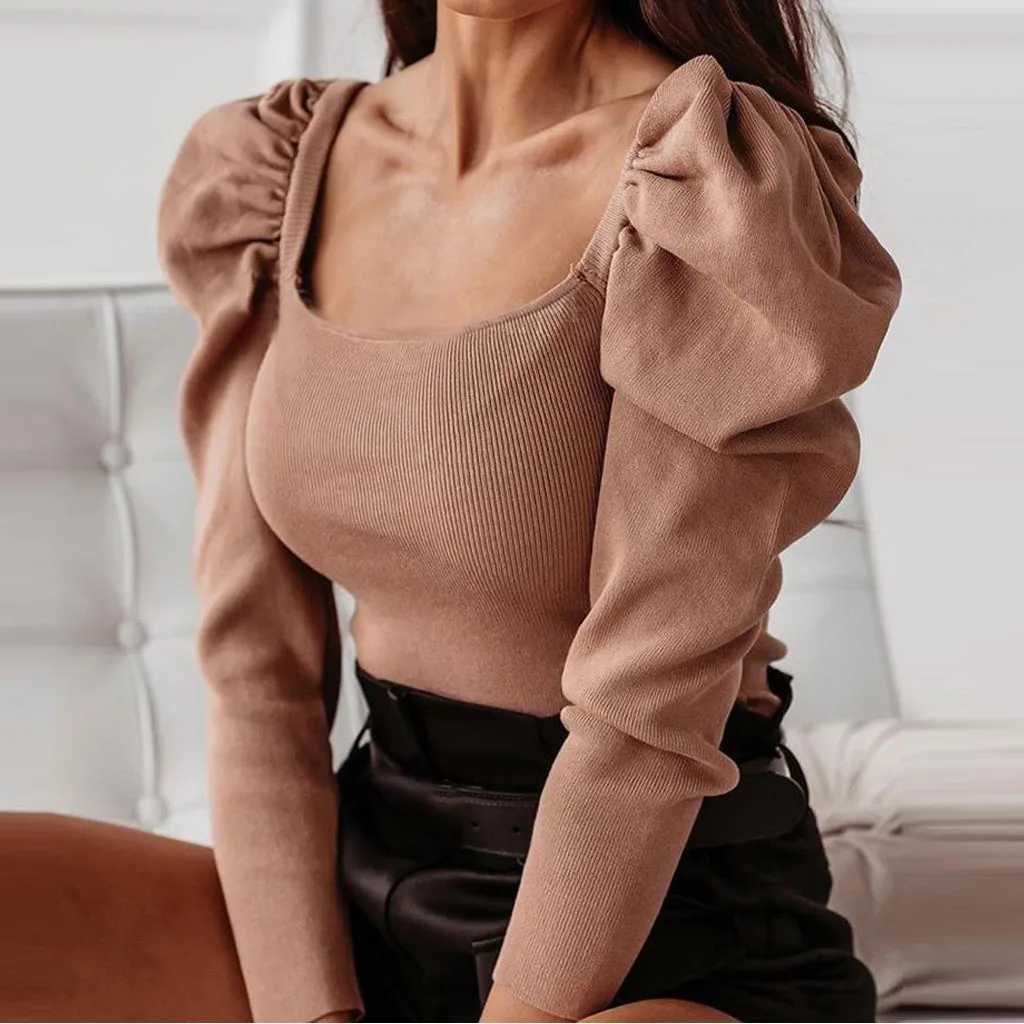 Сексуальное боди для женщин модное с пышными рукавами цвет хаки черный