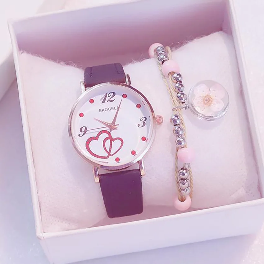 Модные женские часы 2 шт./компл. браслет сердце образный циферблат ремень