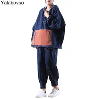 Dark Blue And Black Color Autumn Clothes 2021 New Women's Korean Version Loose Hooded Half Zipper Pocket Hoodies With Hat
