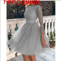 women glitter sequins mesh overlay pleated dress elegant long sleeve backlessparty dress