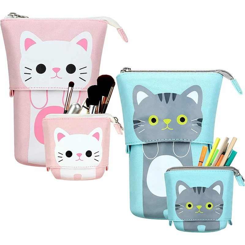 

2 Pcs Stand Up Telescopic Pencil Holder Transformer Box Cartoon Stationery Pouch Bag For Students (Gray And White Cat)
