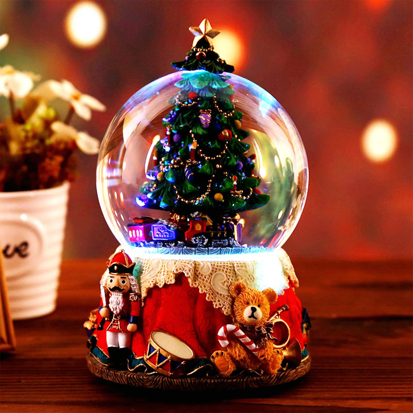 

2021 Christmas Tree Music Box With Light Rotating Resin Crystal Ball Christmas Present Christmas LED Light Nutcracker Music Box