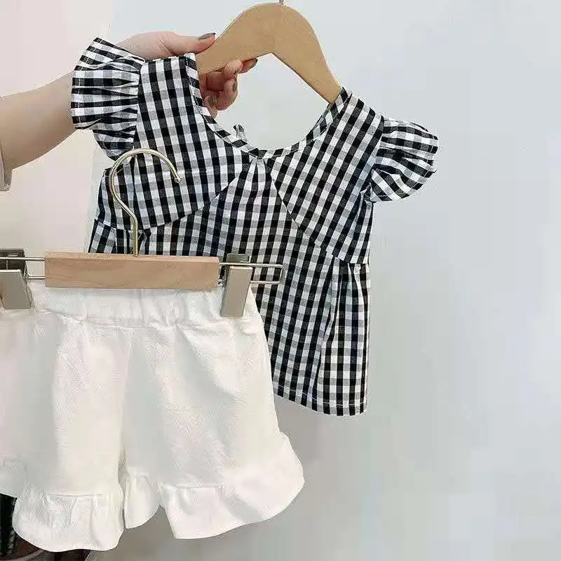 

Humor Bear Baby Girl Clothes Summer Children Clothing Flying Sleeveless Tops+White Shorts 2Pcs Plaid 2021 New Kids Clothing