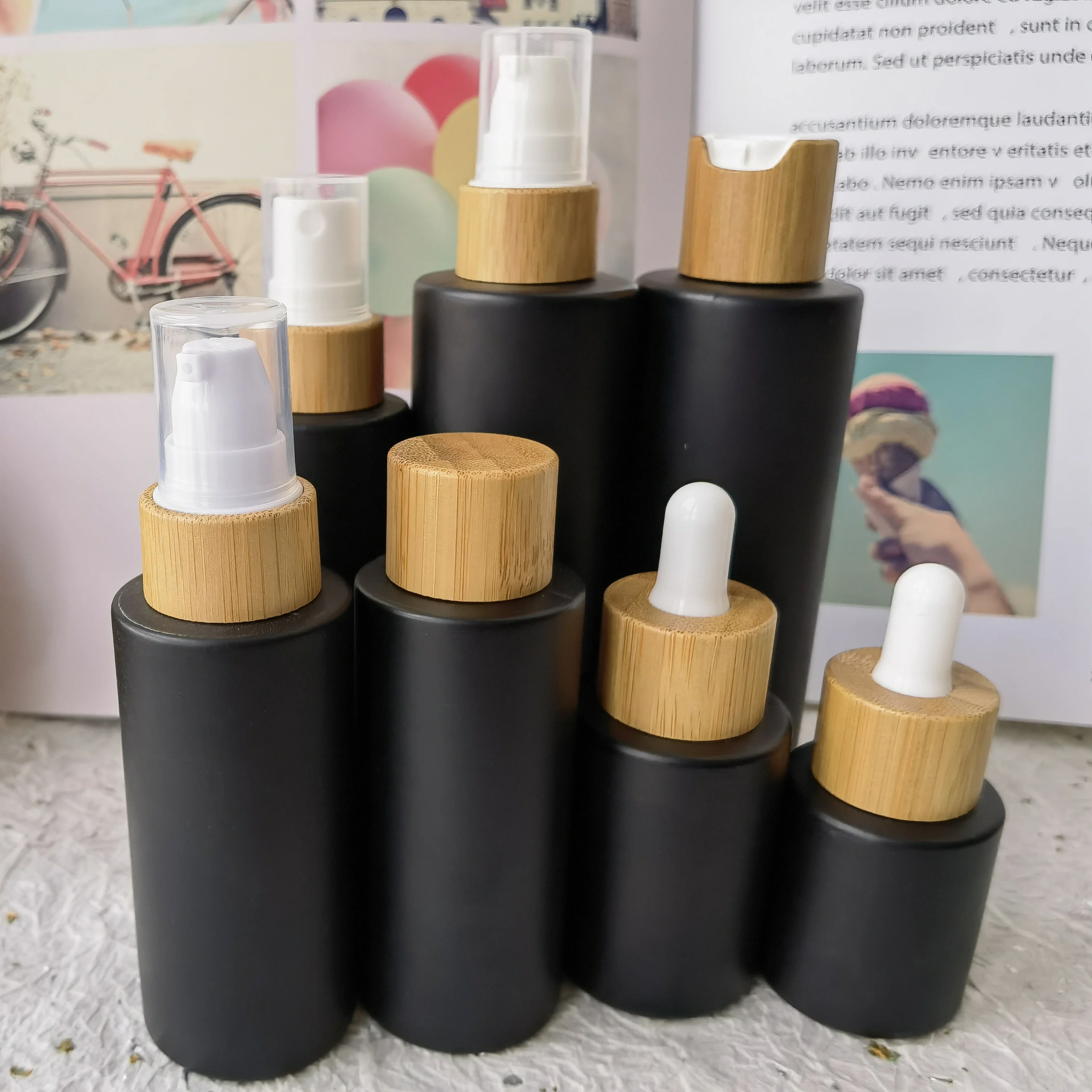 New Arrival 20ml - 80m Matte Black Glass Bottle With Bamboo Lid  Cap Empty Essential Oil Bottle Small Makeup Vials Packaging