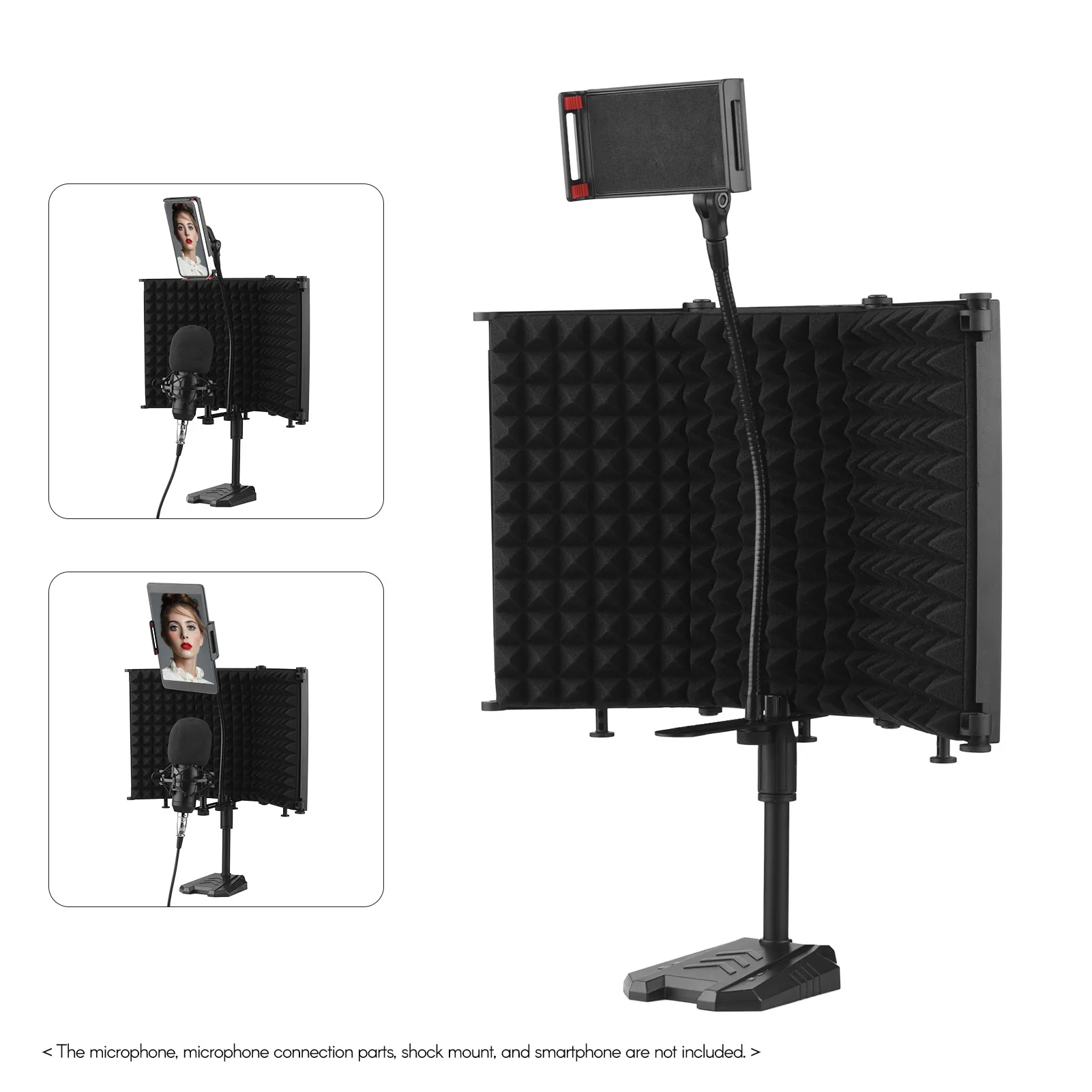 

Microphone Isolation Shield Compact Foldable Tabletop Mic Windscreen 3-Panel Sound Absorbing Foam Reflector Rod Base 5/8"Adapter