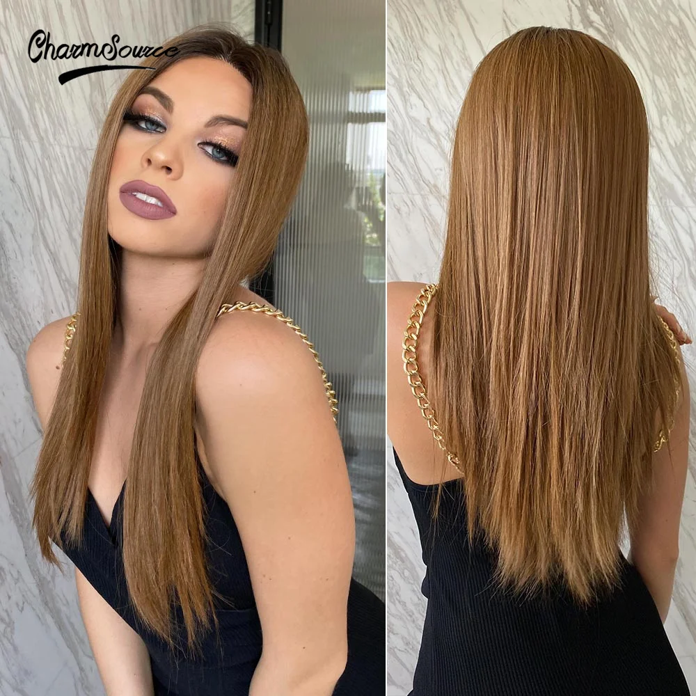 Длинный прямой парик CharmSource темно коричневые синтетические парики с кружевной