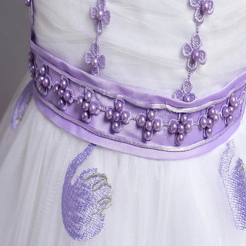 

Flower Girls Dresses Illusion Embroidery Pearls Tulle Lace Sleeveless Bow O-Neck Knee-Length Pink Kids Party Princess Gown F150