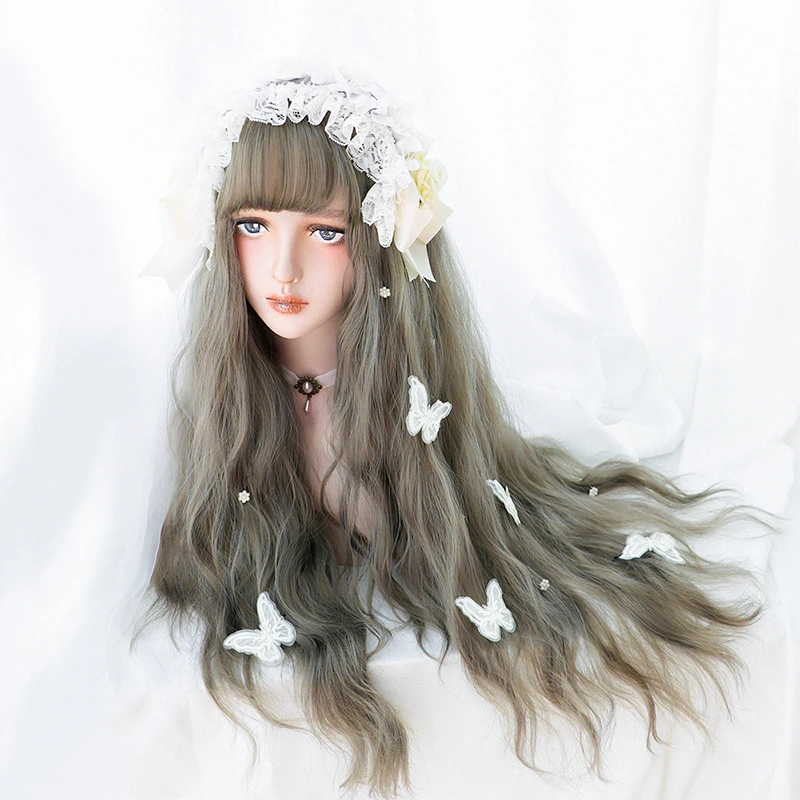LUPU косплей Лолита парик 30 &quotдлинный волнистый с челкой милый голубой серый