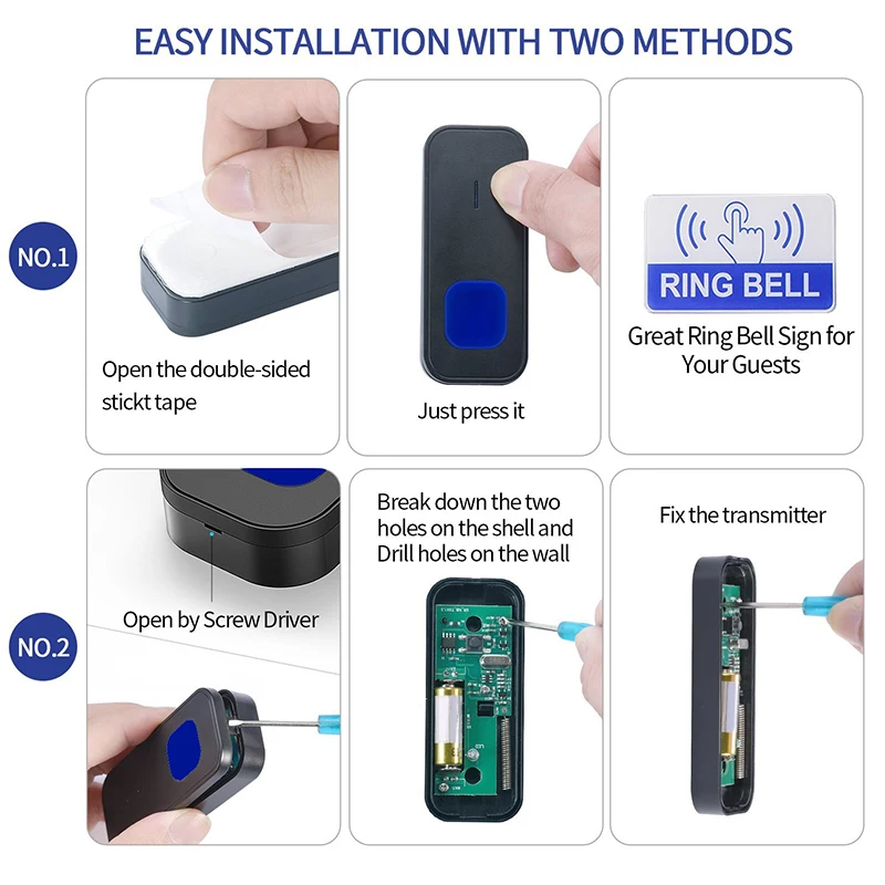 

Waterproof Wireless Doorbell Kit, Door Bell Alarm with 1000 Feet Operating Range, Door Chime Alarm with 4 Volume Levels, 55 Melo