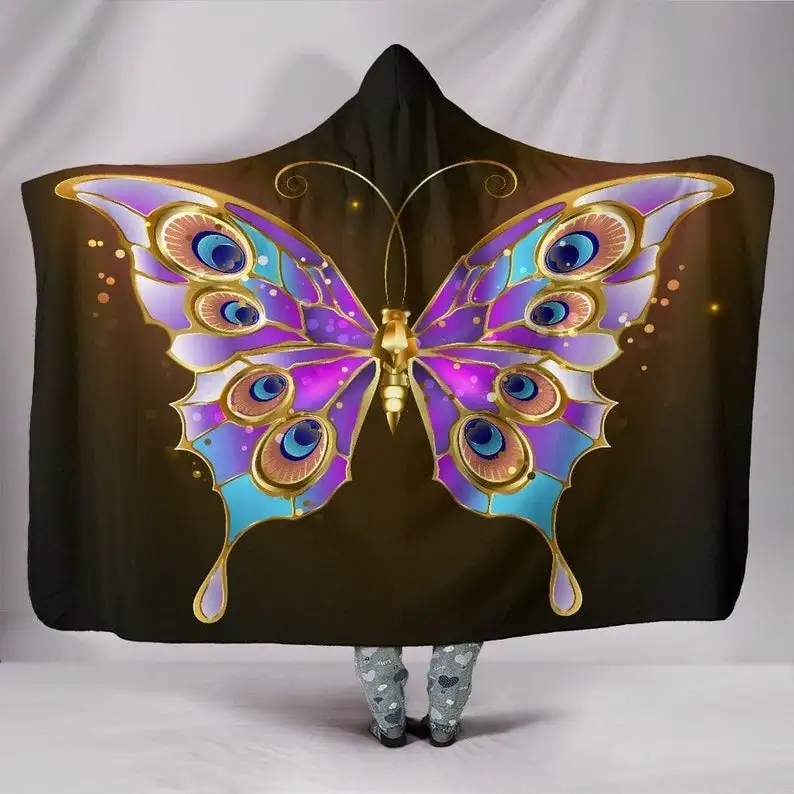 

Hooded Blanket, Gold Pink Butterfly, Nature Wings Insect, Abstract Pattern, Girly Gardening, Bohemian Boho, Neon Rave Festival