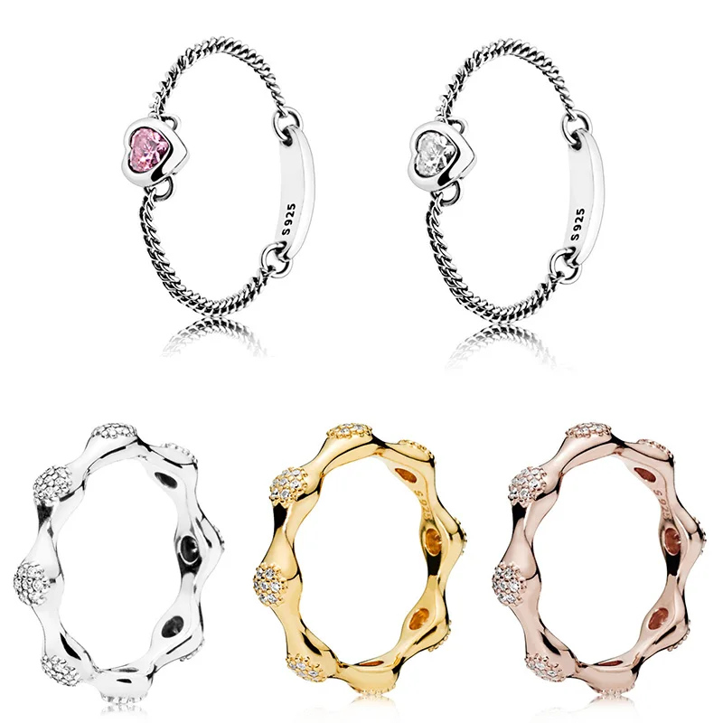 

Women Ring 925 Sterling Silver Clear Crystal Heart Chain style Diy Ring More Color For Women Jewelry