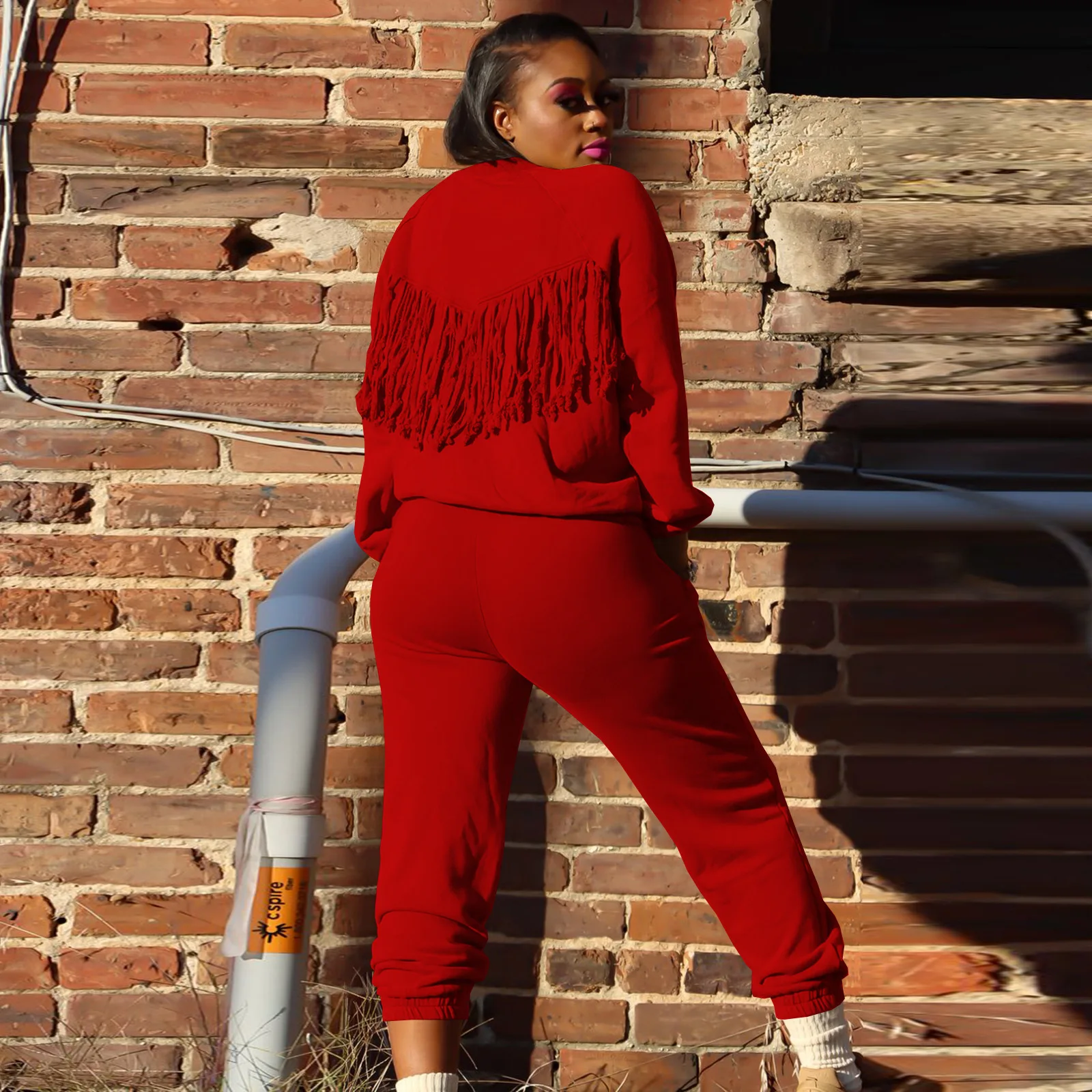 

Chocomist Two-pieces Fcausal Boho Tassel Design Fleece Lined Women Pants Set