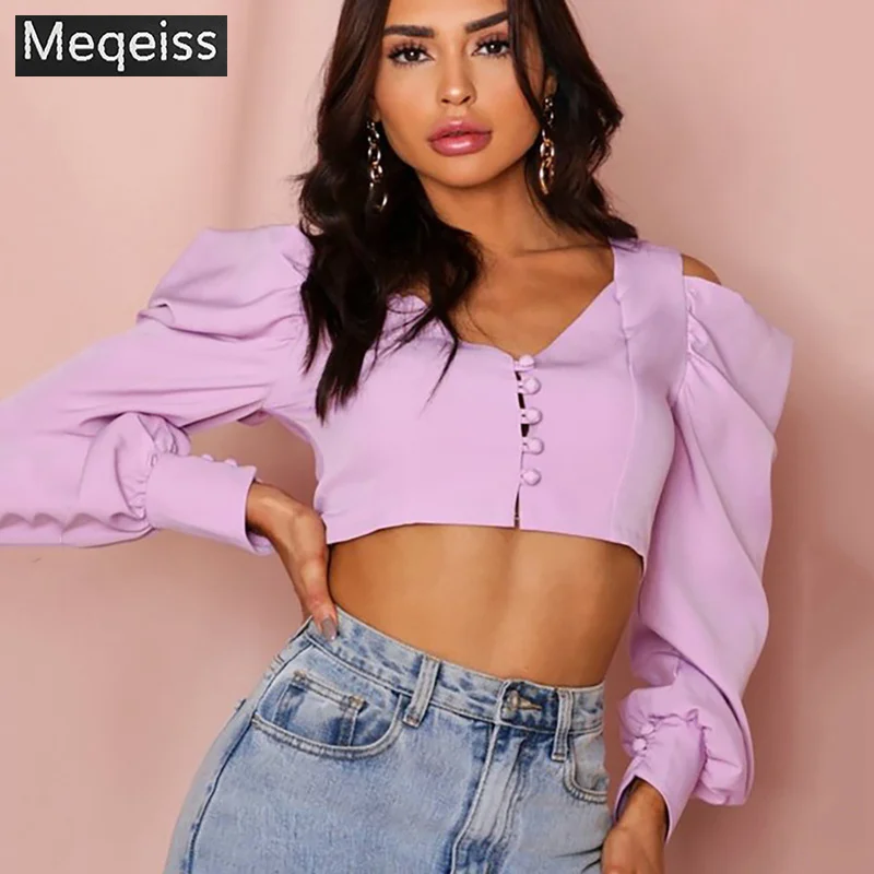 

Meqeiss 2020 New Summer Fashion Bubble Short Sleeve Shirts Blouse Ladies Crop Top Sexy Tops and Bloues Button Solid Streetwear