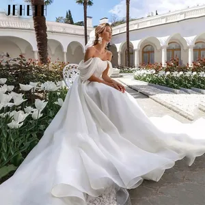 JEHETH Off the Shoulder Organza Princess Wedding Dresses for Women 2022 Lace up Backless Boho Bridal Gowns vestidos de novia