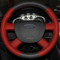 hot sale diy red black genuine leather car steering wheel cover for ford focus 2 2005 2011 new pattern