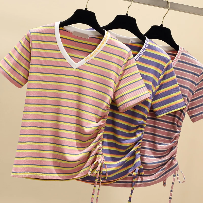 

gkfnmt 2021 Short Sleeve Striped Sexy V-Neck T Shirt Women Top Summer Cotton Shirring T-shirt Women Tee Shirt Femme Pink Yellow
