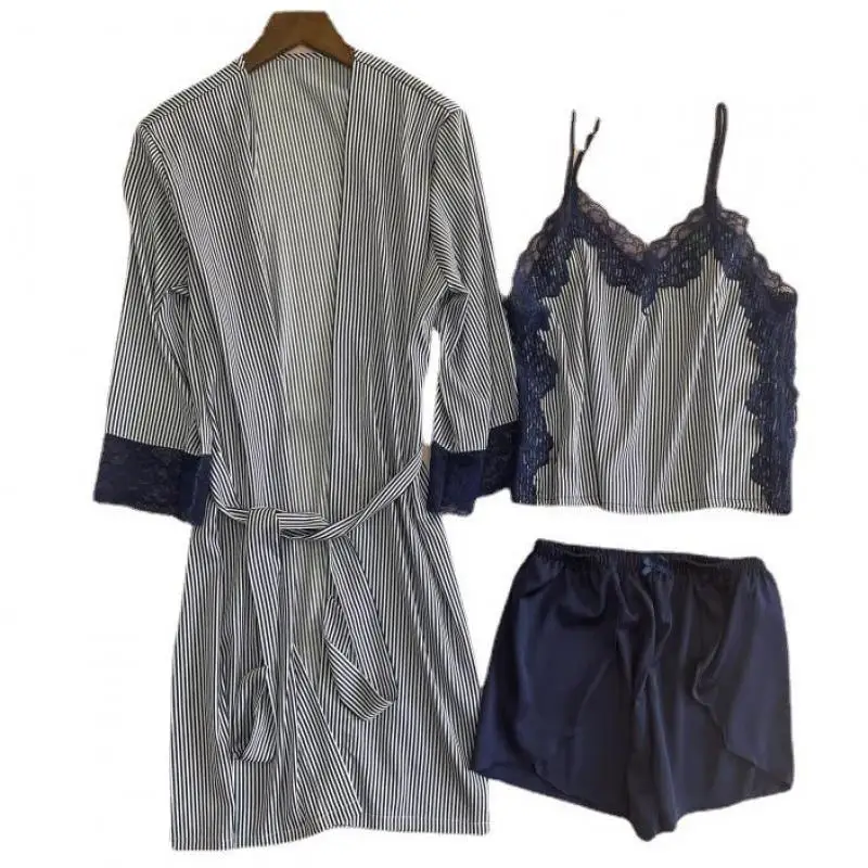 

Faux Silk 3PCS Pajamas Suit Female Print Striped Nightwear Spring Summer New Sleepwear Intimate Lingerie Sexy Lace Home Clothing