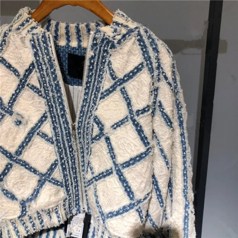 

Brand Designer Women Plaid Pearls Beads Knitted Sweater Cardigan High Street Runway Loose Fit Ladies Knitwear Jacket Cardigans