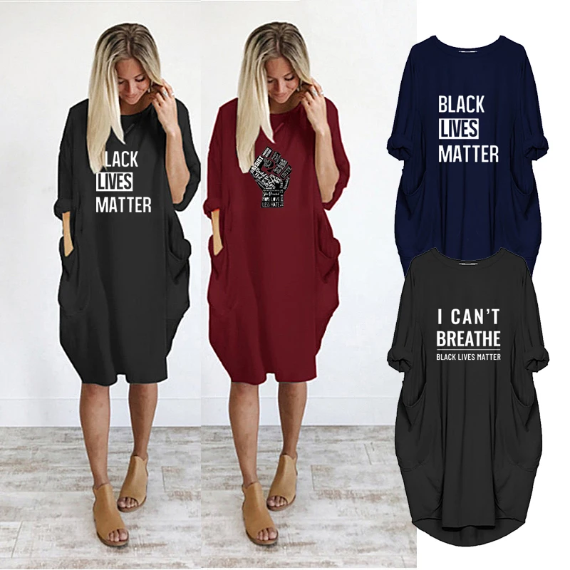 

Black Lives Matter 2020 Women Dress Long Sleeve BLM Protest Casual O Neck Pocket Loose Woman Dress Vestidos Robe