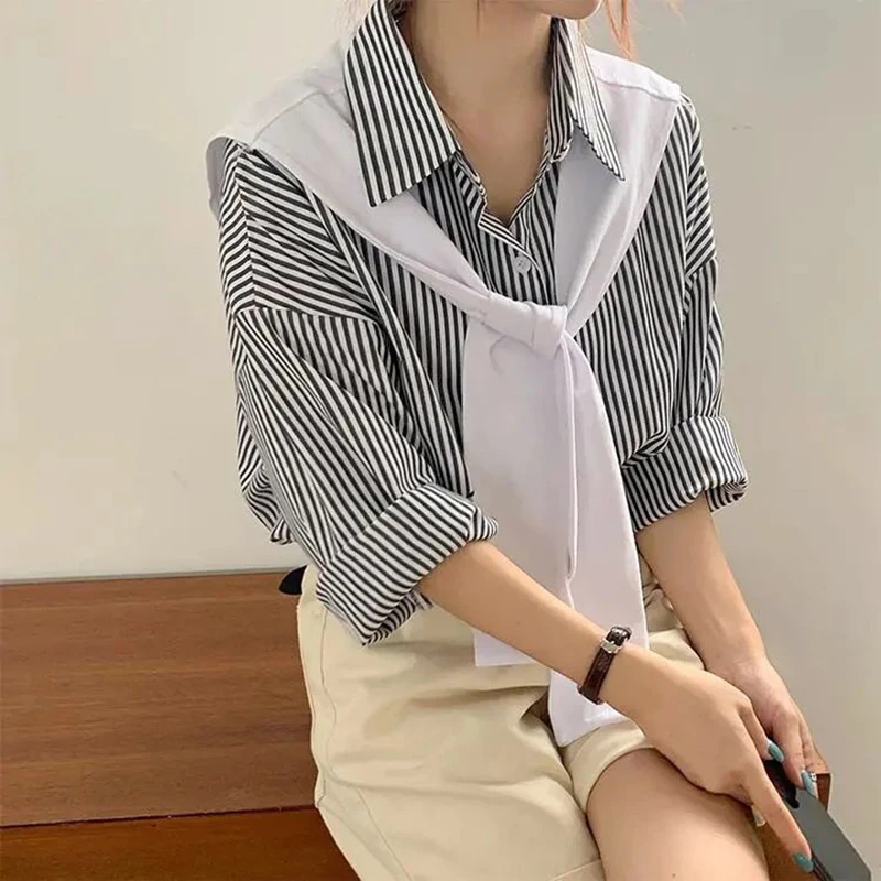 Two-piece Women Striped Shirts White Cappa New Fall Long Sleeve Korean Clothes Big Size Long T-shirts Full Sleeve Tops Blusas