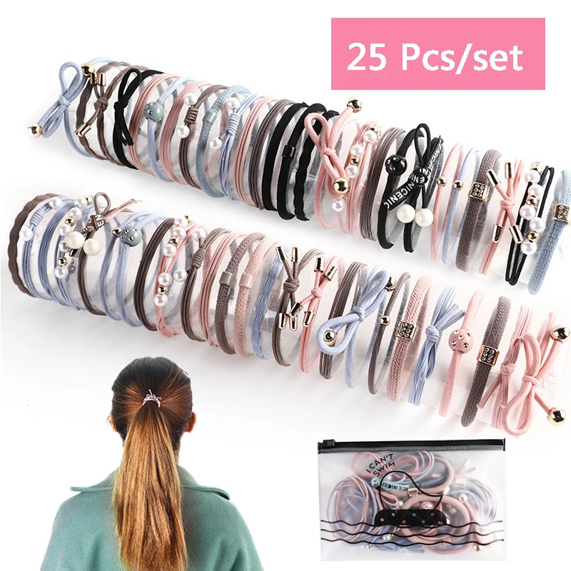 25 шт./набор женских резинок для волос с жемчужными бантами, эластичными резинками, головными уборами, набор модных аксессуаров для девочек.