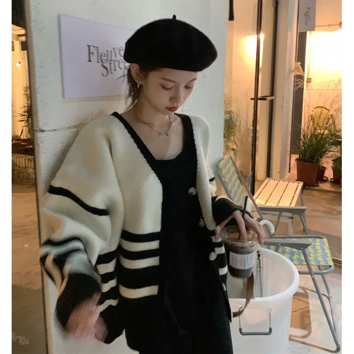 

Кардиган женский в черно-белую полоску, с длинным рукавом, осень 2021