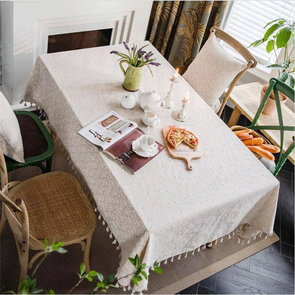 

Daisy Flower Pattern Tablecloth Hot Sale Linen and Cotton Tassel Edge Rectangular Pastoral Style Table Cloth Home Hotel Decor