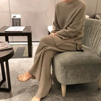 2021 new fashion winter womens thicken warm knitted pullover sweater two piece suits high waist loose wide leg pants set