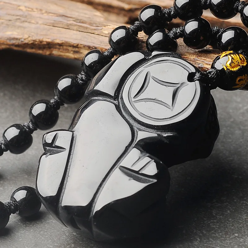 

Natural Chinese Black Obsidian Hand Carved Jade Pendant Necklace with money string and cool black lovers jewelry accessories