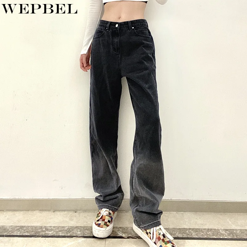

WEPBEL Women's Vintage Straight Denim Pants Ladies Retro Fashion High Waist Loose Long Jeans