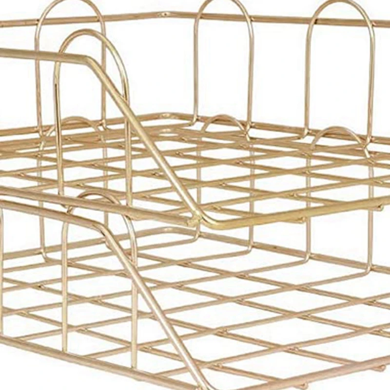 

Metal Stackable Paper Tray Set of 2, Gold with Desk Organizer Bedroom Stationery Home Office Mesh Book Shelf File Holder