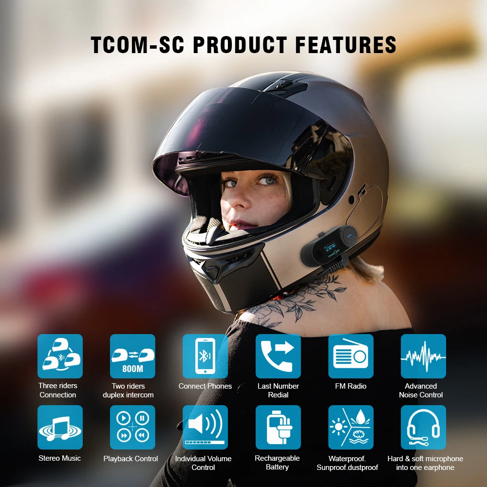 Гарнитура для мотоциклетного шлема FreedConn TCOM SC W/Screen Bluetooth с FM радио 2 в 1|Наушники