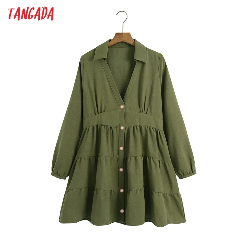 

Tangada 2021 Fashion Women Amy Green Shirt Dress Vintage Long Sleeve Office Ladies Mini Dress 6Z173