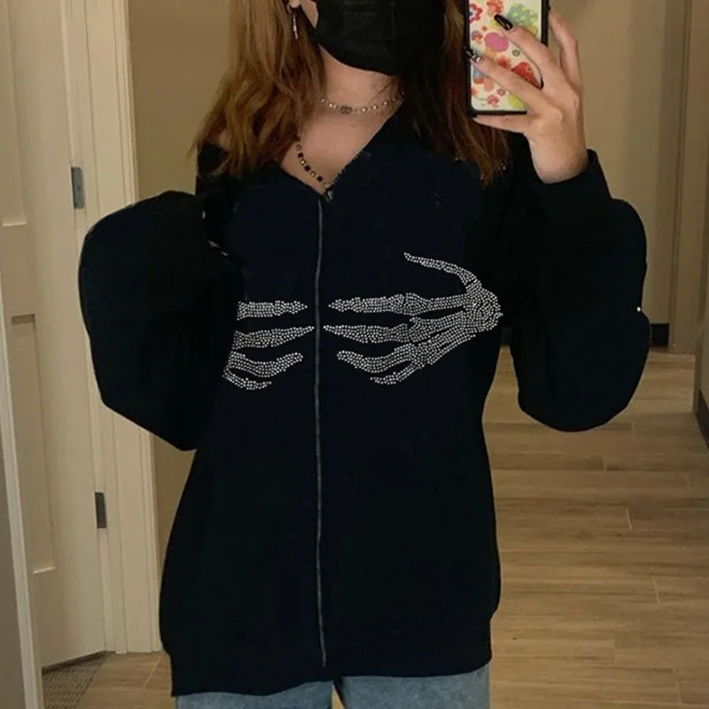 

Diamonds Hands Skeleton Pattern Women Sweatshirts Harajuku Streetwear Loose Casual Outwear New Zip Up Hooded Hoodies Top
