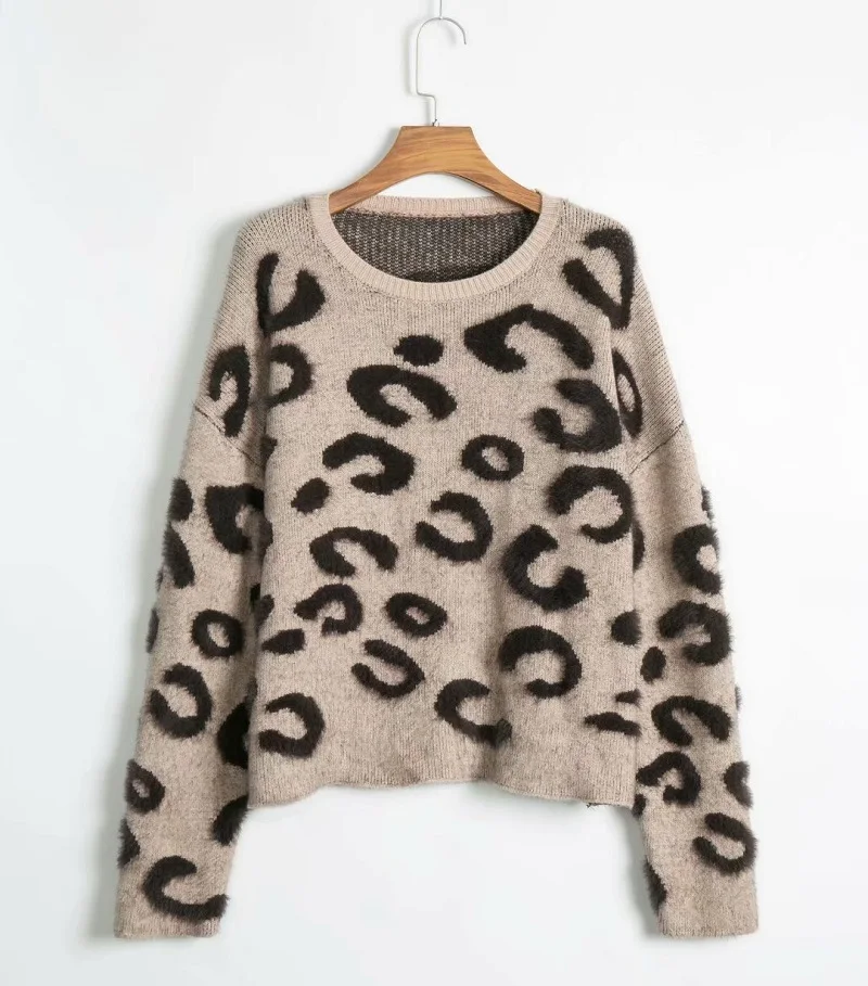 Женский леопардовый свитер повседневный короткий вязаный с круглым вырезом