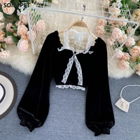 sexy halter lace patchwork short blouse for women casual puff sleeve velvet shirt female black tops new fashion autumn winter