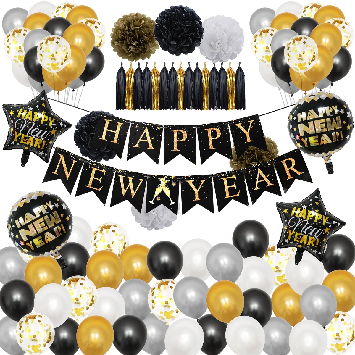 

2022 New Year Party Decoration Balloon Set with Black Gold Happy New Year Banner Flower Ball Tassel for New Year's Supplies
