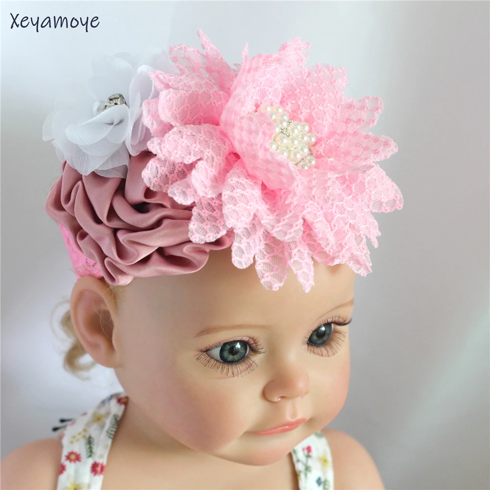 

Baby headband newborn elastic hair band Chiffon flower Rhinestone lace headband baby girls hair accessories Photo Props headwear