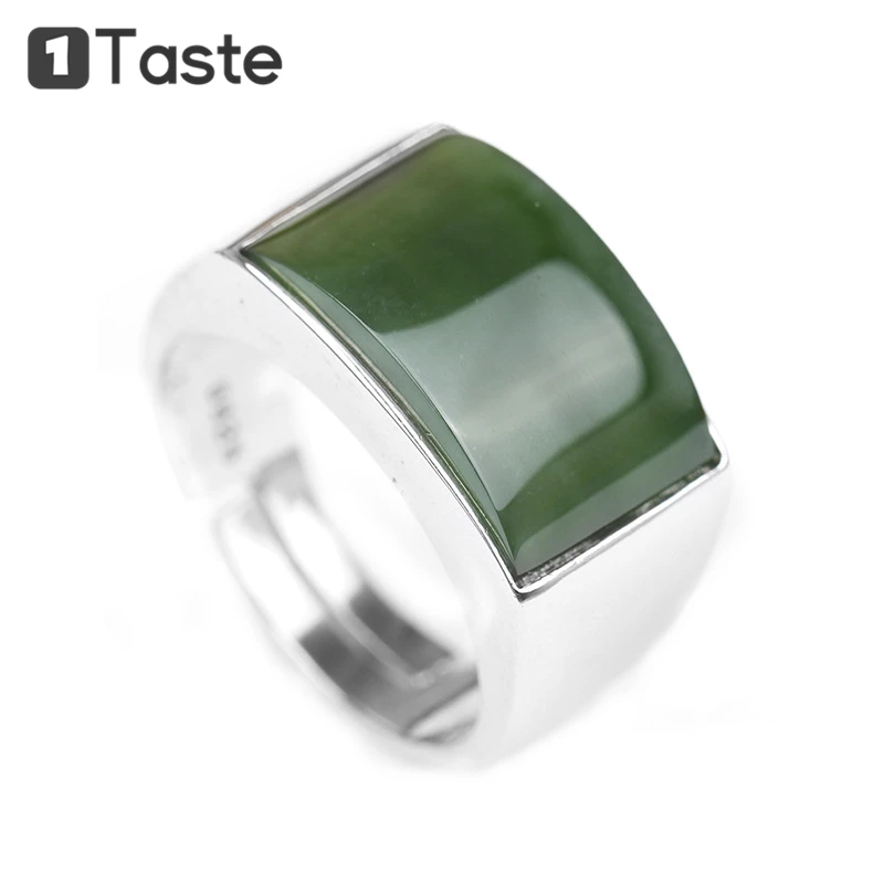 

ONE TASTE 925 Sterling Silver Rectangle Hetian Jade Men's Ring Fine Jewelry Jasper Simple Trendy Geometric Open Rings Gift