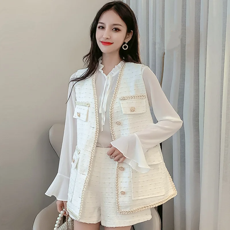 Женский элегантный твидовый комплект из 3 предметов блузка жилет и шорты осень 2019