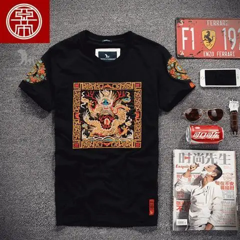 

Chinese men's robes himself half sleeve summer national wind dragon male youth short sleeve T-shirt printing men