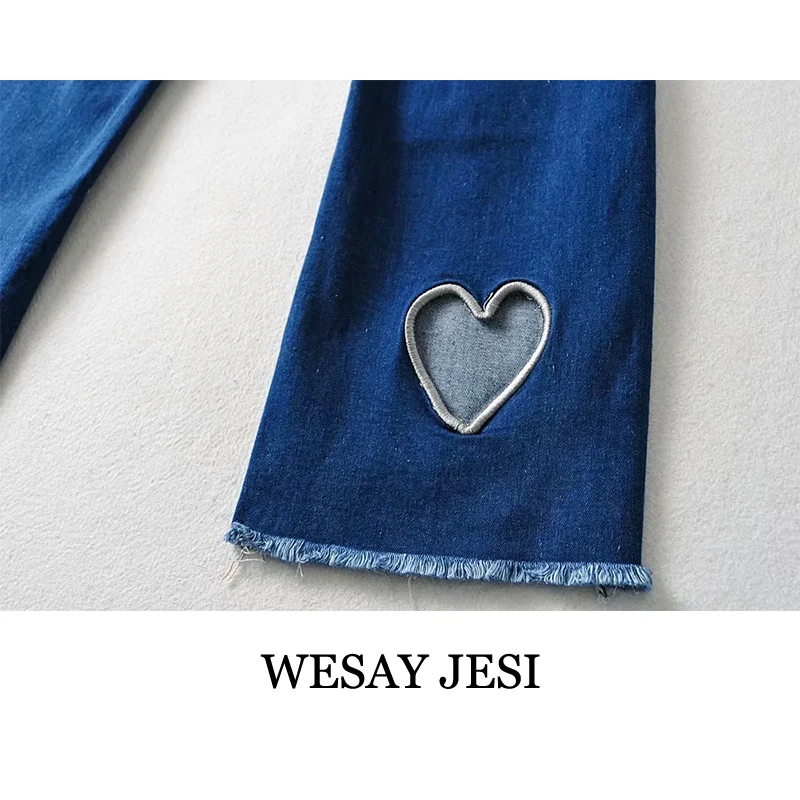 

WESAY JESI Summer Women's Pants Fashion Straight High Waist Jeans Denim Pantalones Full Length Hollow Love Trousers Streetwear