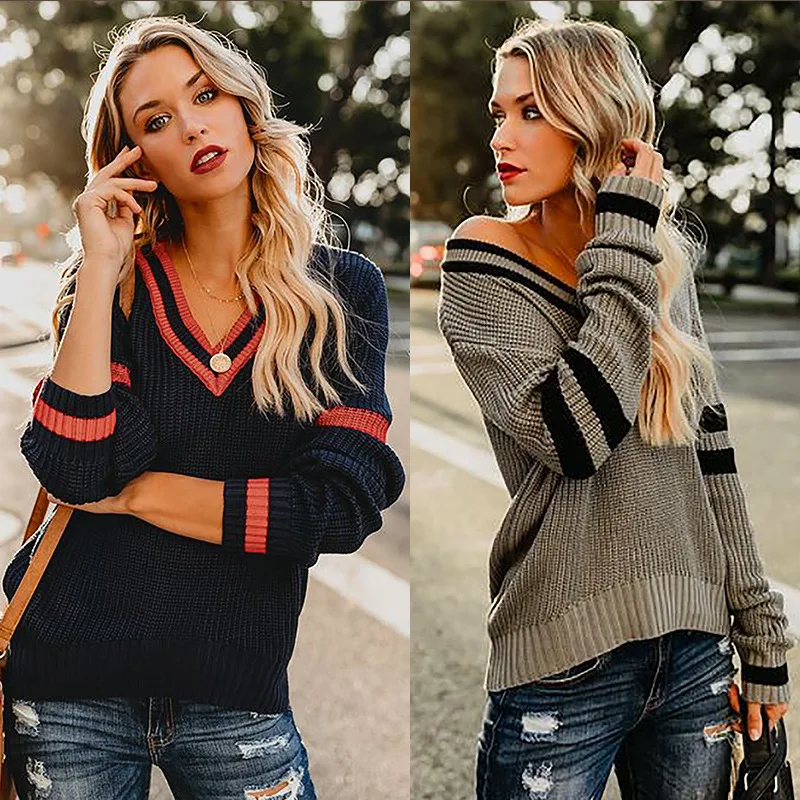 

Fall/winter Collared Strapless Knitted Pullover Long Sleeve Stripes Stitching Sweater Loose Versatile Casual Lady Bottoming Tops