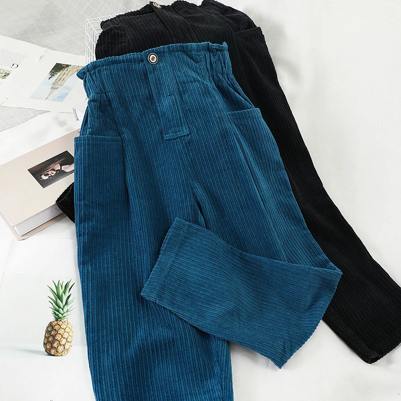 Blue Corduroy Harlan Ankle-length Pants Women 2021 Elegant Slim High Waist Lantern Pants Ninth Trousers Y2K Chic Jogger Pants