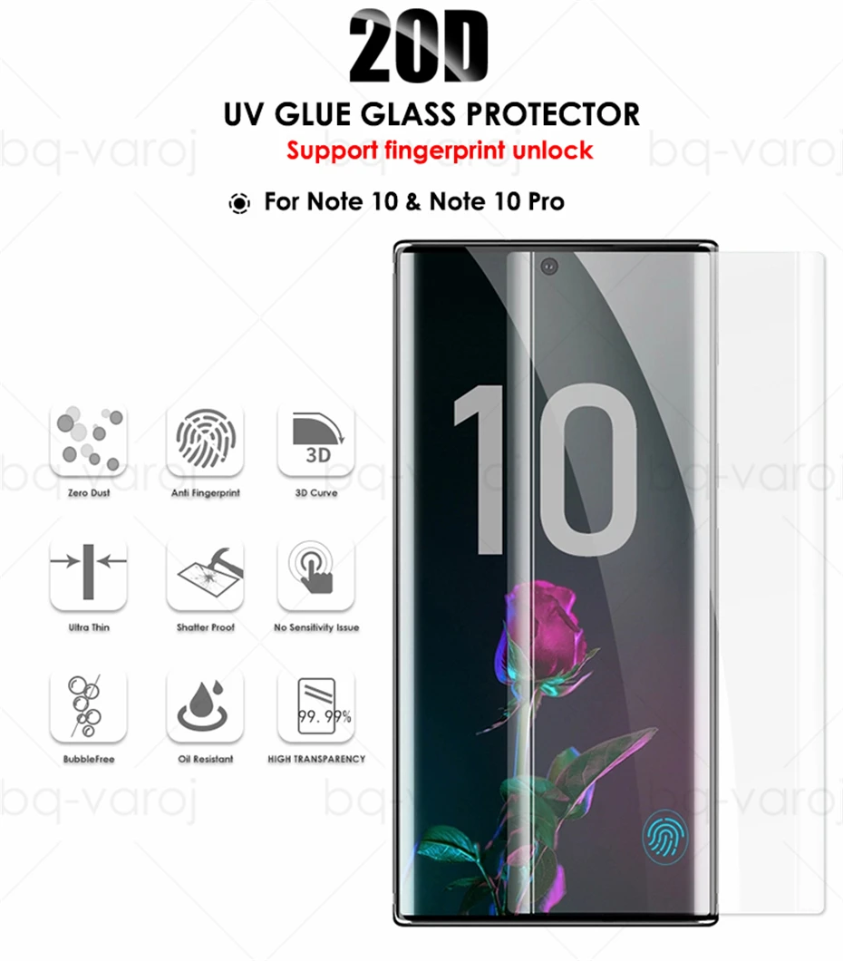 20D Note 10 Pro защита экрана разблокировка с отпечатком пальца УФ-стекло пленка для samsung S10 Plus Note 10 5G Закаленное стекло протектор
