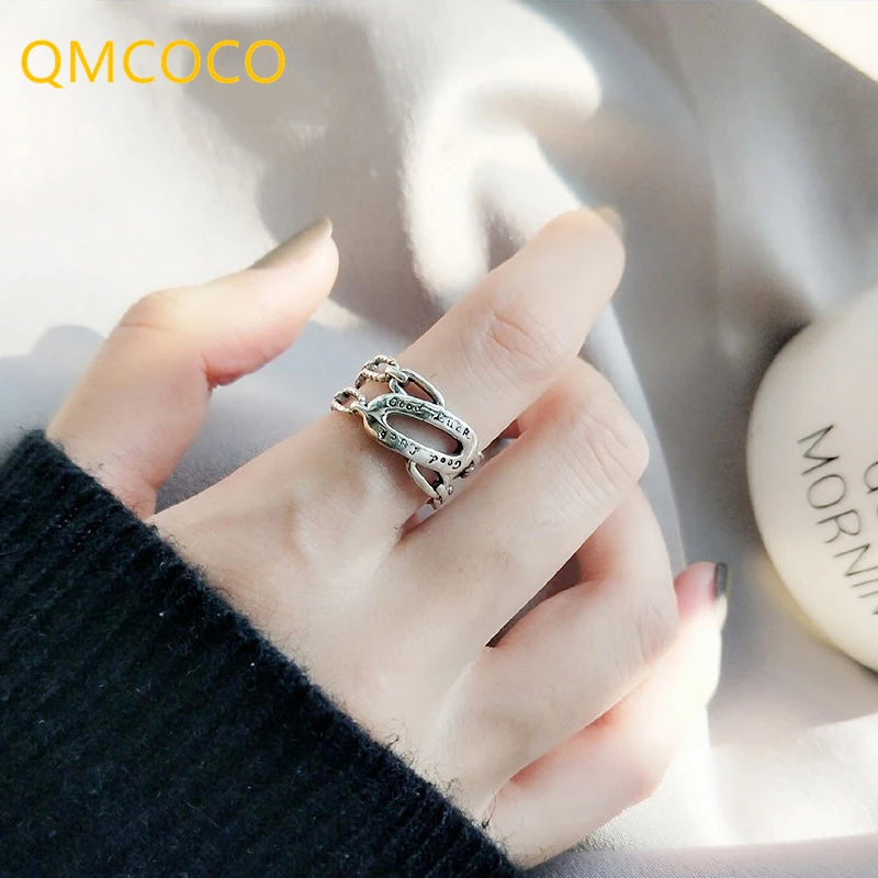 

QMCOCO 925 Серебряный Новый стиль панк широкое кольцо для очаровательных женщин удачи письмо модный темперамент для ювелирных изделий подарки
