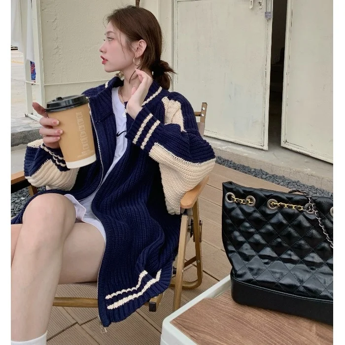 

Женский трикотажный кардиган с длинным рукавом, контрастных цветов