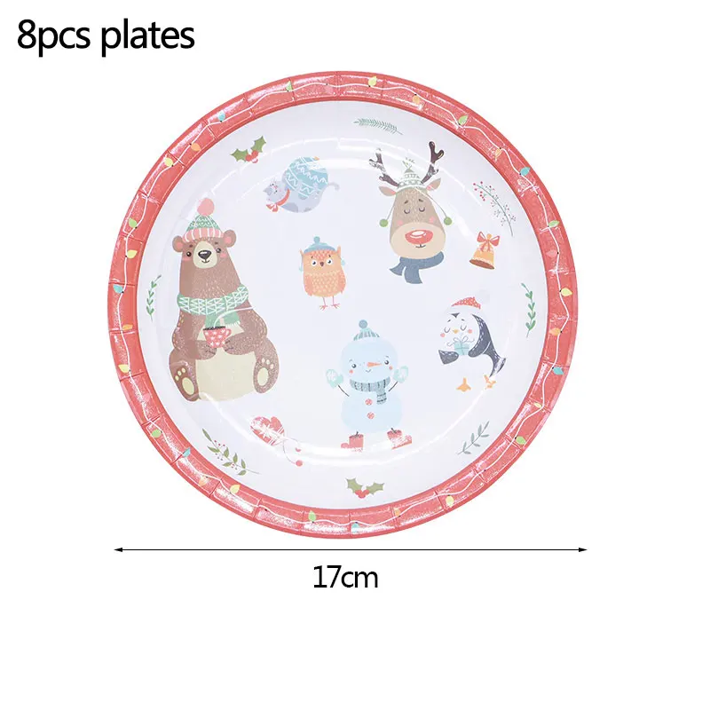 b02-8pcs plates Рождественский одноразовый набор посуды для вечеринки тарелки салфетки для стаканчиков бумажные соломинки Ножи Ложки Набор вилок Новогоднее украшение - Цвет: b02-8pcs plates